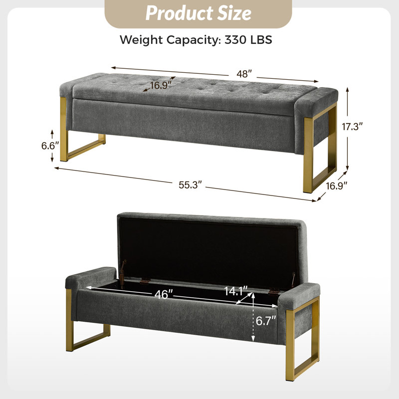 Banc de rangement rembourré Shanieka, Gris anthracite