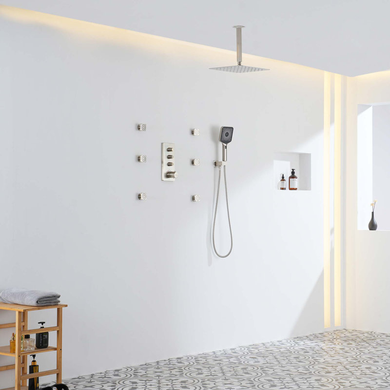 Système de douche thermostatique à 3 fonctions 12 po avec pomme de douche carrée, Nickel brossé