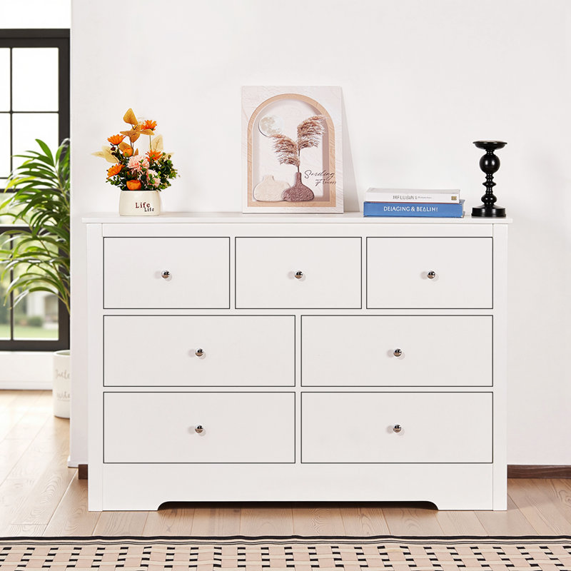 7 Drawer Dresser, Wooden Chest of Drawers with Sliding with Anti-tip Device, Modern Minimalist Dresser Chest, Closet Storage Organizer for Living Room, Hallway, Bedroom, Entryway, White