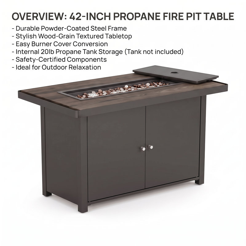  Table de foyer d'extérieur au propane de 42 po avec couvercle et rangement, 55 000 BTU