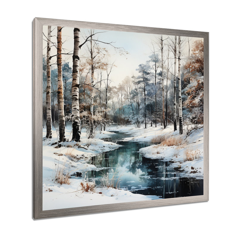 Rivière en forêt, paysage d'hiver - impressions sur toile de forêt, Cadre simple argenté, H 30 po x l 30 po x P 1 po