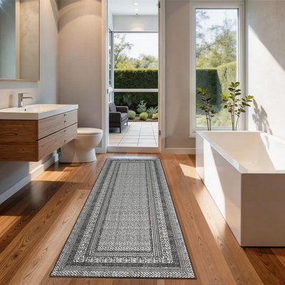 Washable 2x6 Kitchen Rugs, Modern Bordered Entryway Rug Soft Non Slip Washable Runner Rug for Hallway Bedroom, Stain Resistant Low Pile Long Carpet for Entrance Laundry, Black Grey