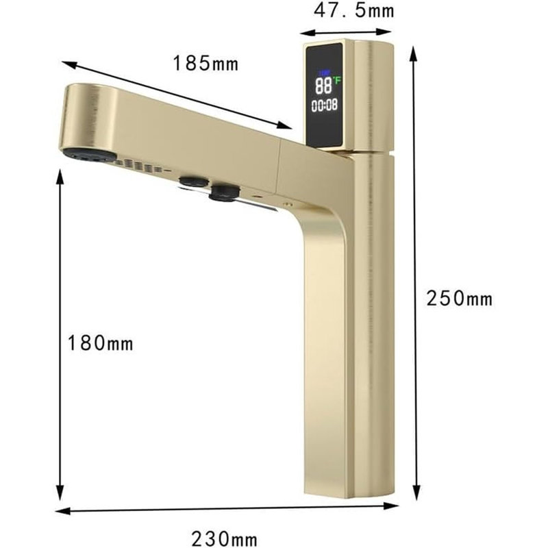Bathroom Sink Faucet with Pull Out Sprayer, Fahrenheit Degree Temperature LED Digital Display Faucet 2 Water Flow Modes Brass Bathroom Faucets for Sink 1 Hole (Brushed Gold)