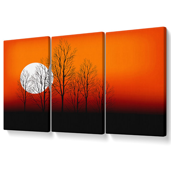 Ebern Designs Orange Sunset Trees - 3 Piece Wrapped Canvas Print ...