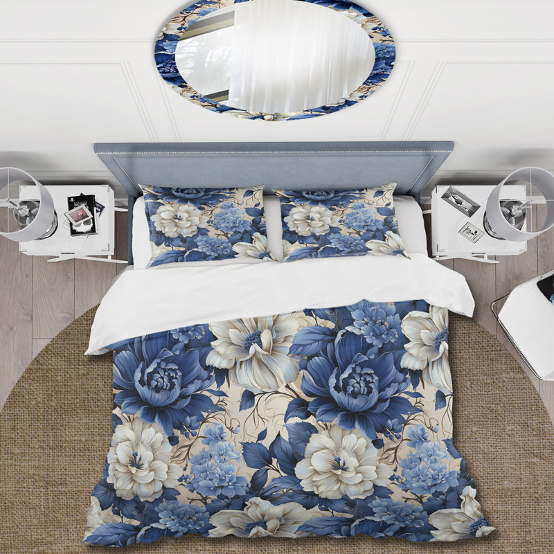 Ensemble de housse de couette à motif victorien bleu cobalt, Housse de couette simple + 1 taie décorative stan