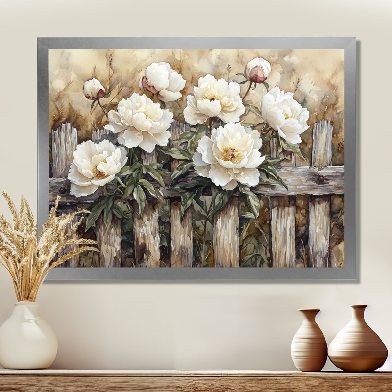 Drees, campagne, pivoines par la vieille clôture I - pivoines, art mural, Reproduction encadrée d'une seule photo