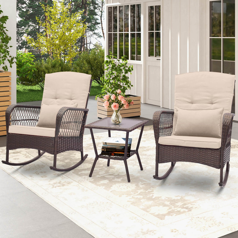 3 Pcs Patio Rocker Set Outdoor Wicker Rocking Chairs With Double-layer Coffee Table, Beige