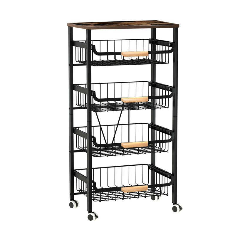 5-Tier Rolling Storage Cart with Wheels, Large Capacity Kitchen Cart, Mobile Utility Cart with Wooden Tabletop and Mesh Baskets, Bathroom, Laundry Room