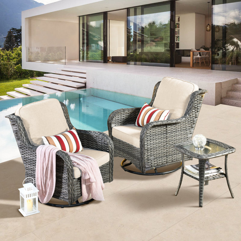 Ensemble de chaises berçantes d'extérieur en rotin avec coussins Tommy, gris, Beige
