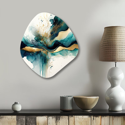 Teal And Gold Abstract Expression III - Abstract Nebula Shape Assymterical Metal Wall Art