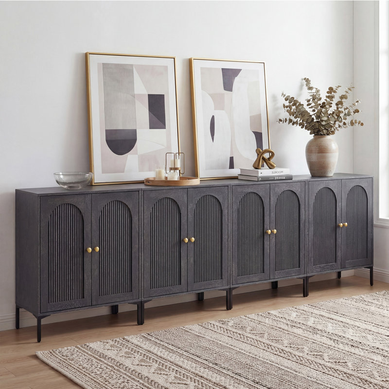Buffet moderne cannelé avec rangement, Gris, Four pieces, H 34 po x l 123,52 po x P 15,75 po