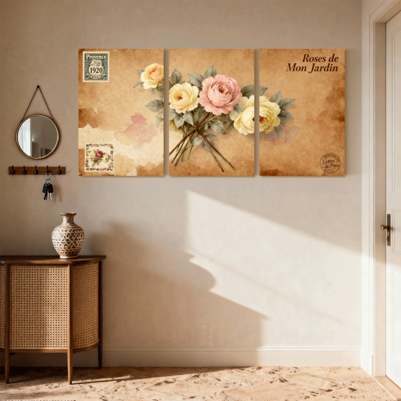 «Rose Vintage Roses», ensemble de 3 impressions sur toile, H 24 po x l 48 po