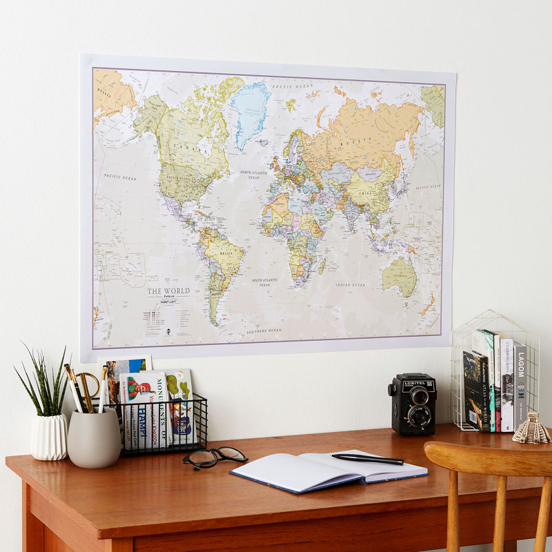 Classic World Map - Print, 59 cm H x 84 cm W x 0.1 cm D, Front Sheet Laminated