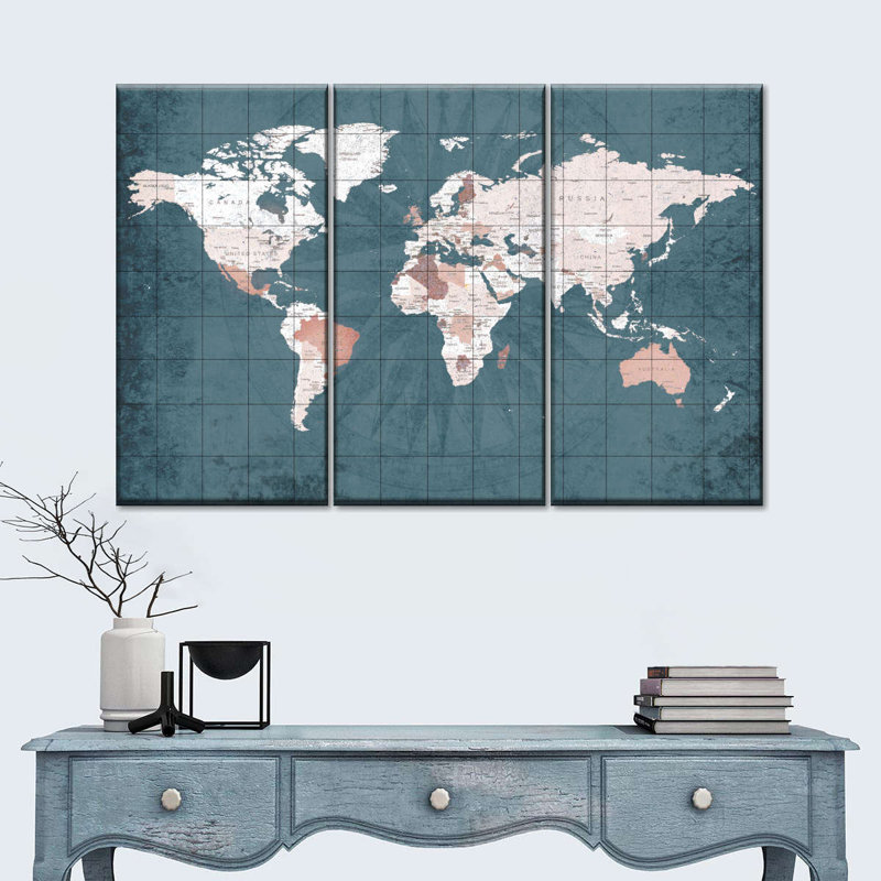 «Steel Blue World Map», reproduction sur toile, H 24 po x l 38 po x P 1,25 po