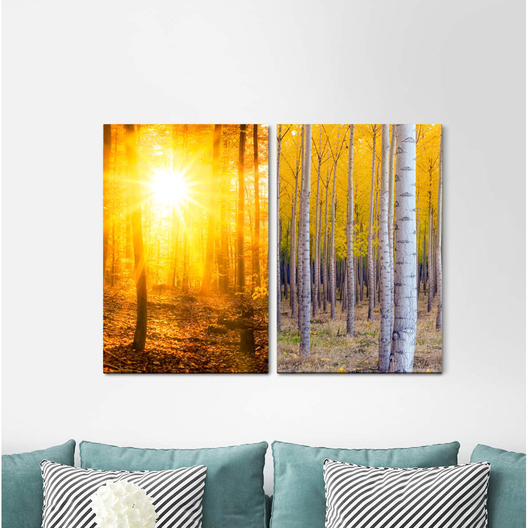 2-tlg. Leinwandbilder-Set - Grafikdruck „Forest Birch Forest Sunshine Autumn Leaves Warm Light Healing”