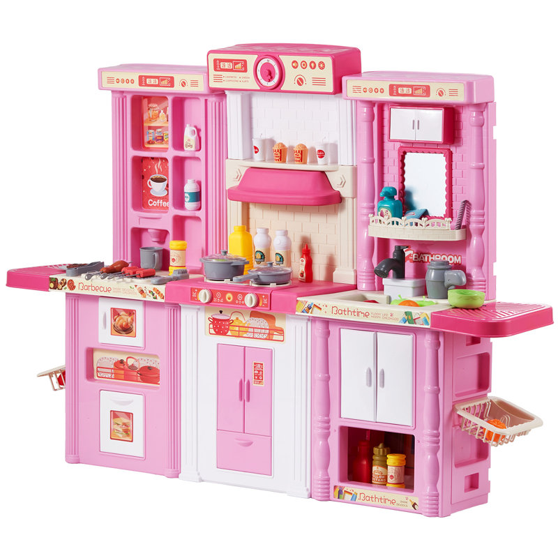 Kitchen Playset Kids Pretend Cooking Play Toy 74 Piece Accessories, Pink
