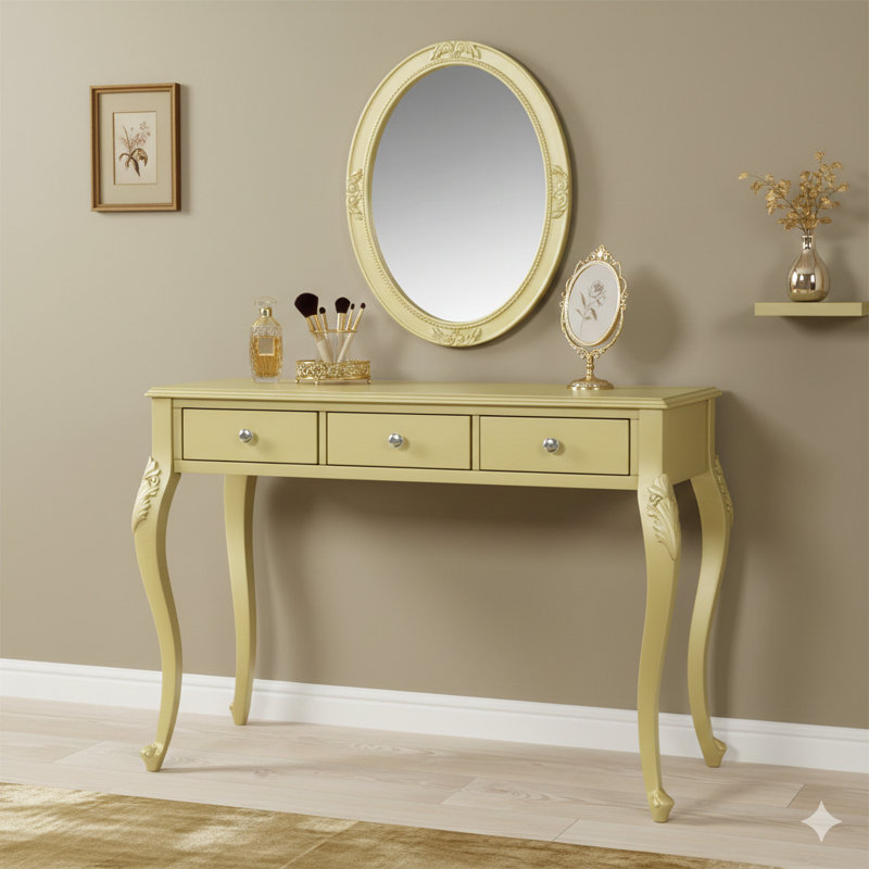 Meuble-lavabo de luxe avec miroir ovale. Une coiffeuse à 3 tiroirs pour le rangement des bijoux, sert également de console élégante pour les entrées, les salons et les chambres à coucher. Élégante pièce de décoration intérieure, en or.