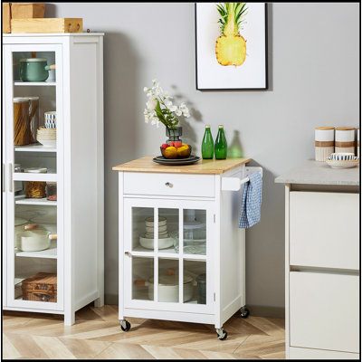 27 Inch Rolling Kitchen Island Cart with Drawer, Glass Door Cabinet, Adjustable Shelf, and Towel Rack for Enhanced Storage and Mobility
