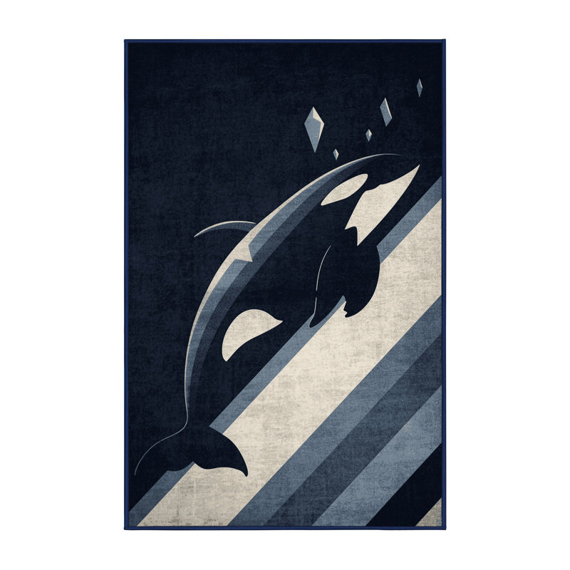 Machine Washable Osckar Orca Modern & Contemporary Ombre Rug in Gray – Navy Binding, 8x12