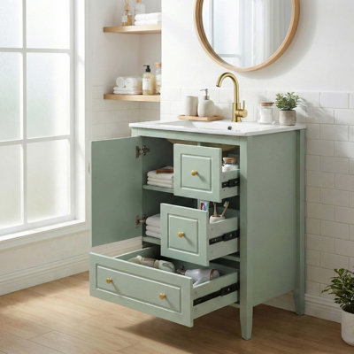 Meuble-lavabo de 24 po avec lavabo, une armoire avec porte à fermeture douce, 3 tiroirs à fermeture douce, poignées en métal rétro, vert clair