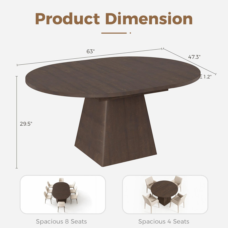 Table de salle à manger ronde extensible de 119 à 160 cm pour 4 à 8 personnes, style minimaliste moderne, plateau épais et pied central, idéale pour les petits espaces - Brun