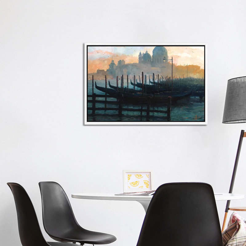 Venice, Italy - Sunset Gondolas II by Christopher Clark - Floater Frame Print on Canvas, White Framed Canvas