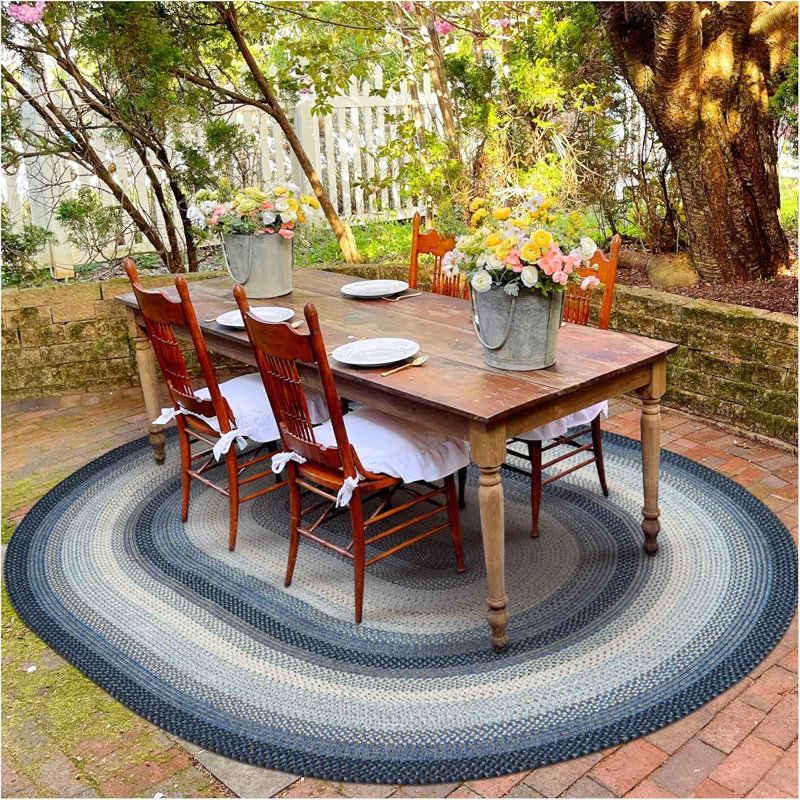  Washable Braided Rug Reversible Indoor/Outdoor Black/White/Ivory/Blue Rug, Oval 4' x 6'