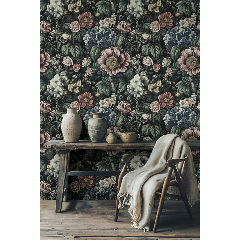 Papier peint floral foncé avec fleurs et roses richement détaillées