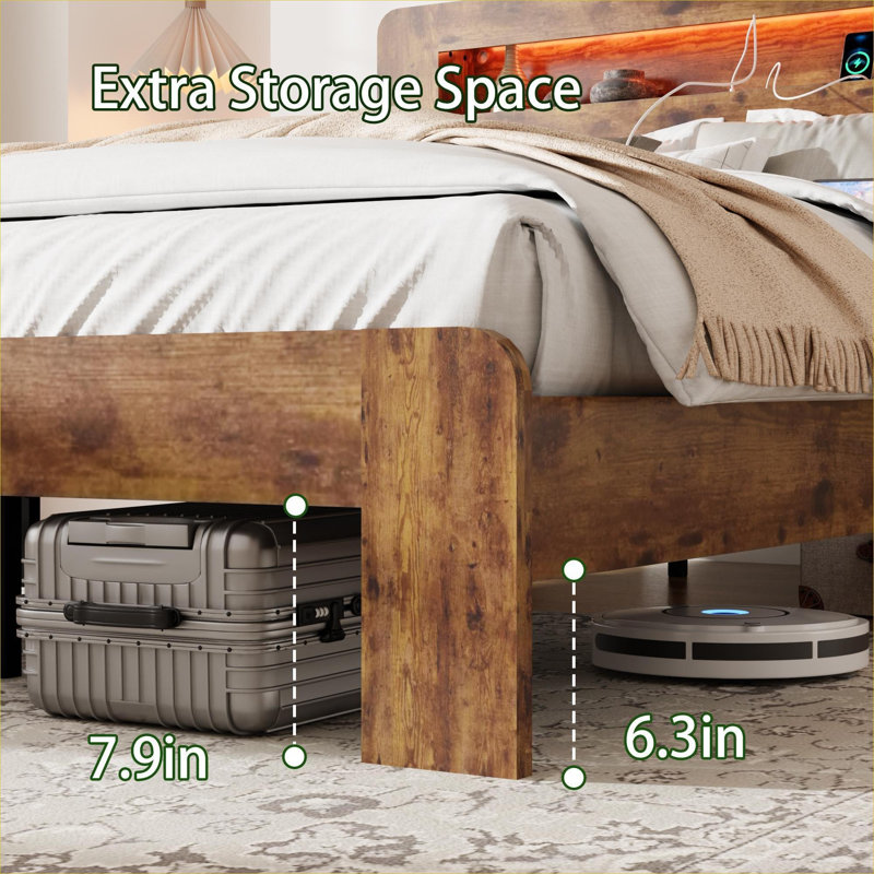 Bedroom Use Queen Size Bed Frame, Warm Brown Mixed Metal Wood Construction with Built-In Storage and Charging Ports