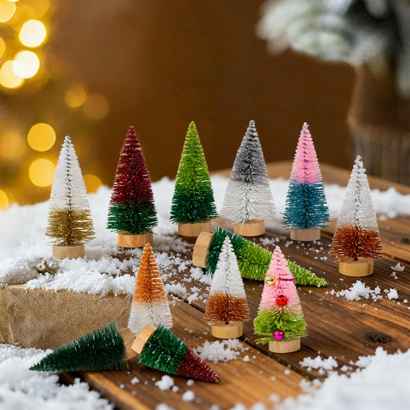 4 pièces de sapin de Noël artificiel à blocs de couleur en forme de bloc de pin avec base en bois, sapins de Noël pour la décoration de fête