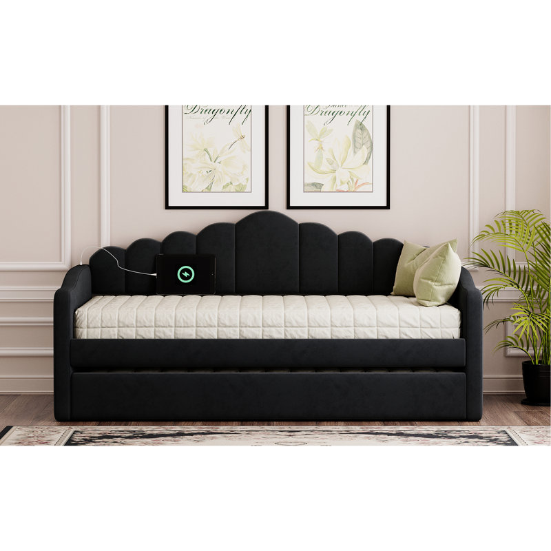 Lit de jour simple rembourré avec couchette, canapé-lit en velours avec ports de chargement USB, aucun sommier nécessaire, noir