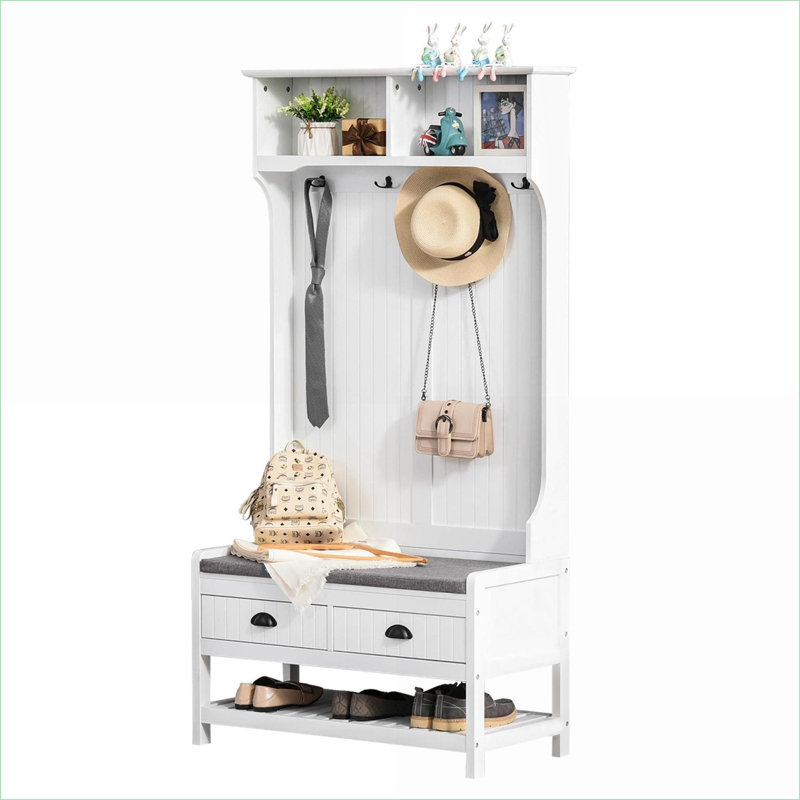 FlowLuxe 3-in-1 Entryway Hall Tree, Snow White Coat Rack with Padded Bench, Shoe Storage & Drawers for Mudroom Hallway