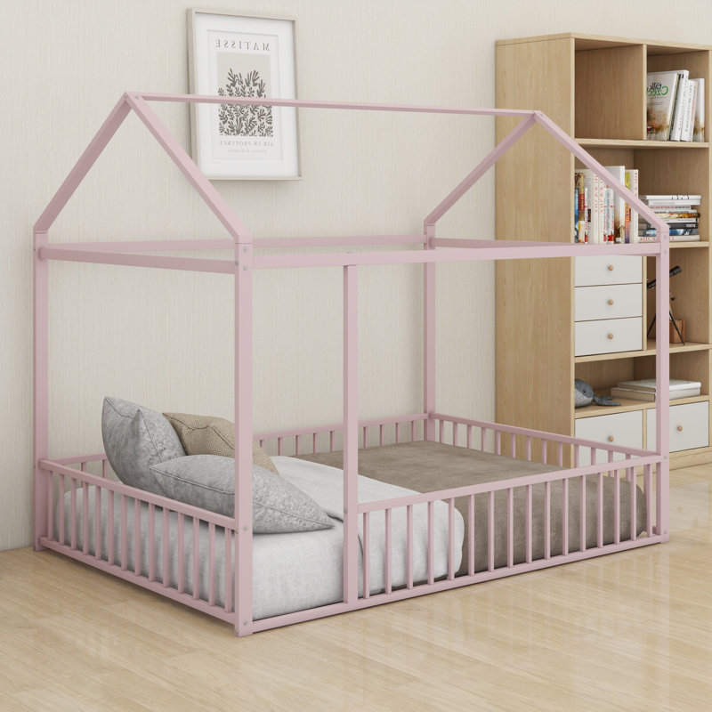 Structure de lit en métal avec clôture, Rose