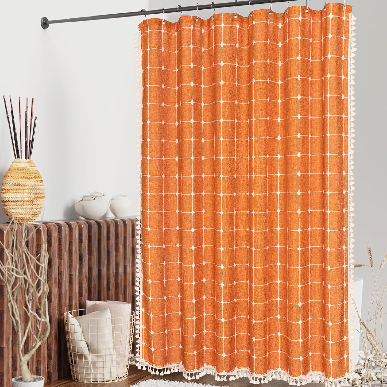 Dakota Fields Orange Boho Shower Curtains For Modern Farmhouse Bathroom ...