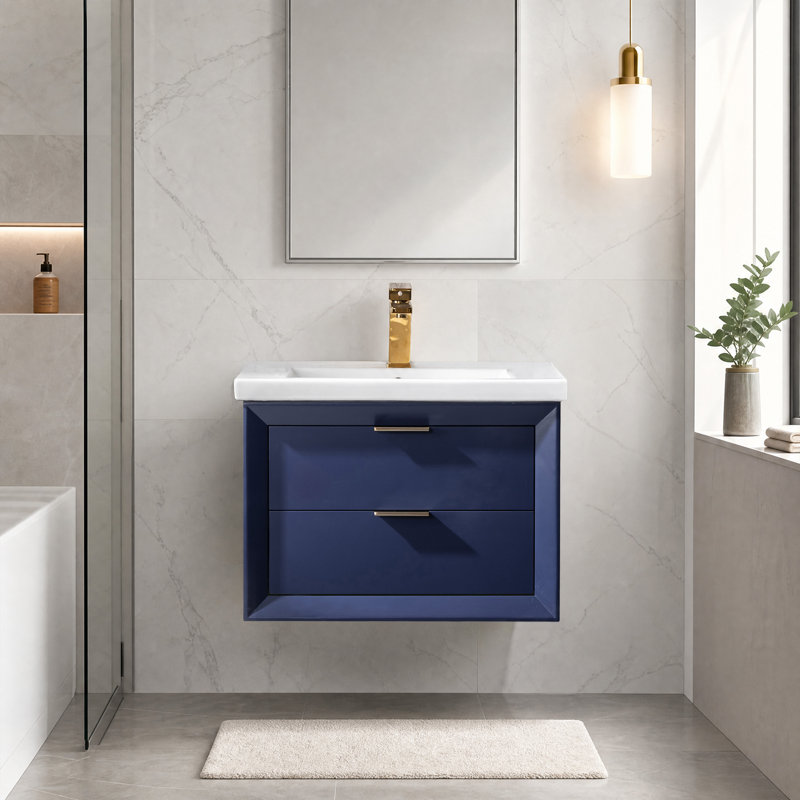 Ensemble de meuble-lavabo simple mural 24 po avec plateau en céramique Draven, bleu, 24" W