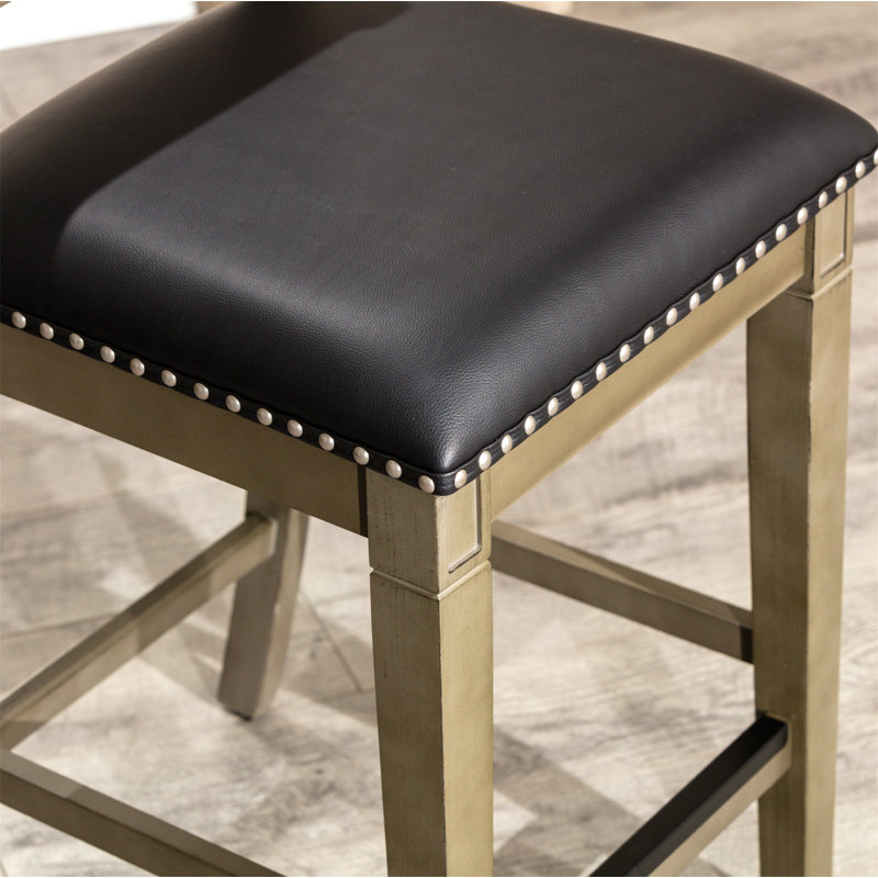 Tabouret de comptoir avec finition patinée et siège en cuir, Gris, Noir