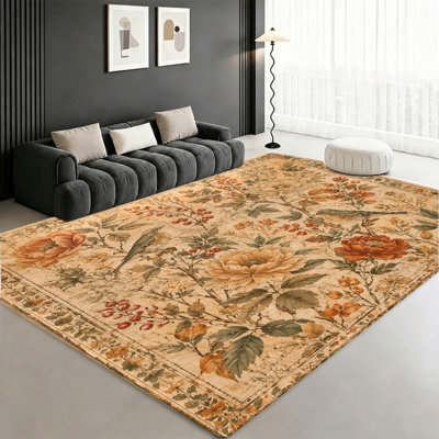 Tapis vintage à motifs floraux et oiseaux, style rustique, surface en velours, lavable à la machine et antidérapant. Décoration intérieure artistique idéale pour le salon, la chambre à coucher, l'entrée, la cuisine ou le balcon.