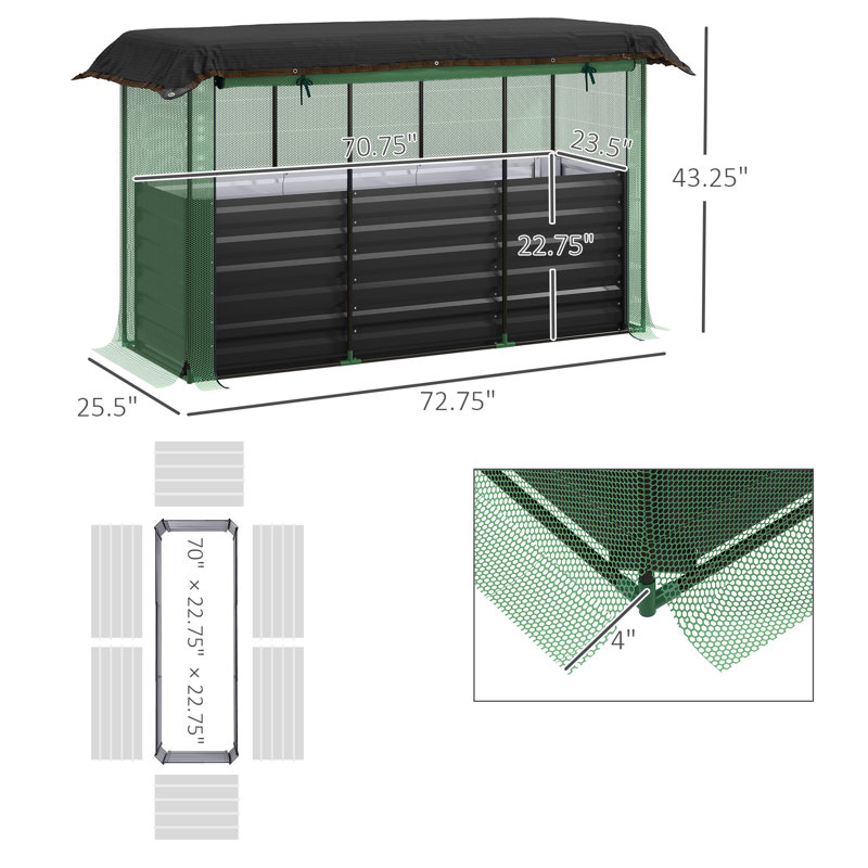 Galvanized Raised Garden Bed with Crop Cage Plant Protection Net and Shade Cloth Roof, Metal Planter Box with Cover for Vegetables, Flowers, Herbs,