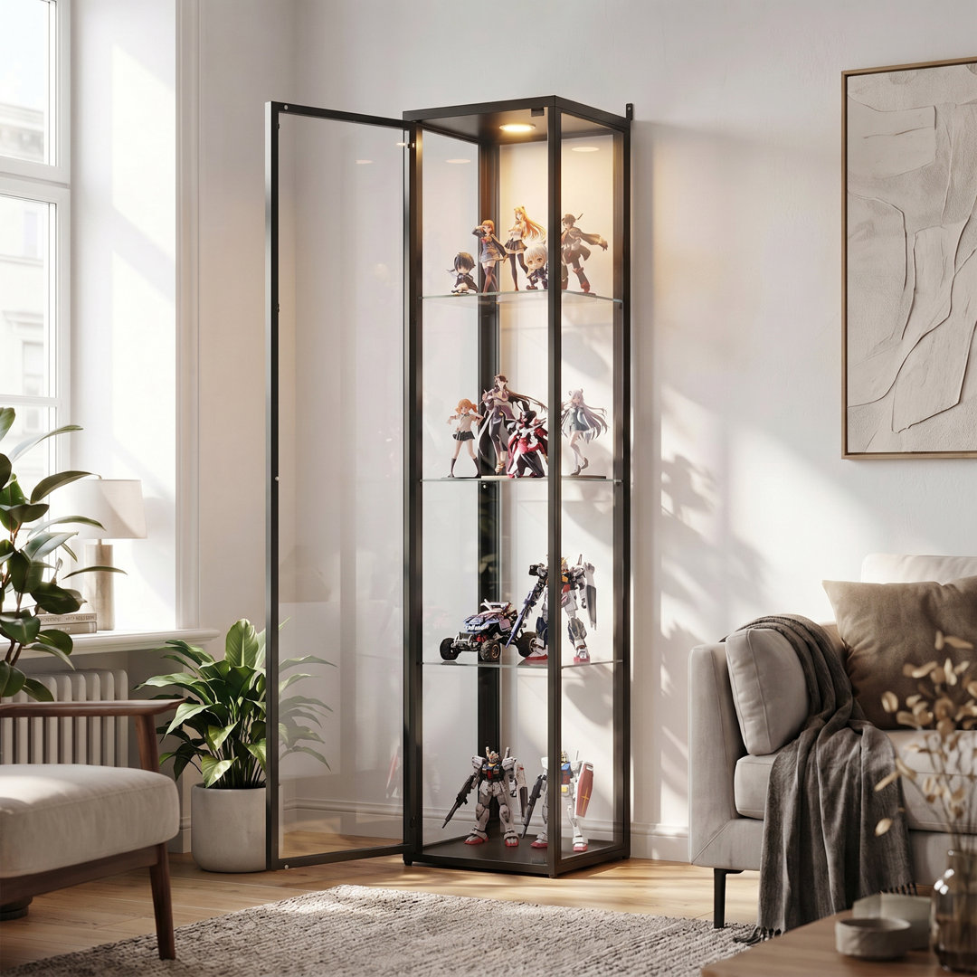 150cm Tall Glass Display Cabinet with 4 Tiers - Black Metal Narrow Curio Cabinet - Industrial