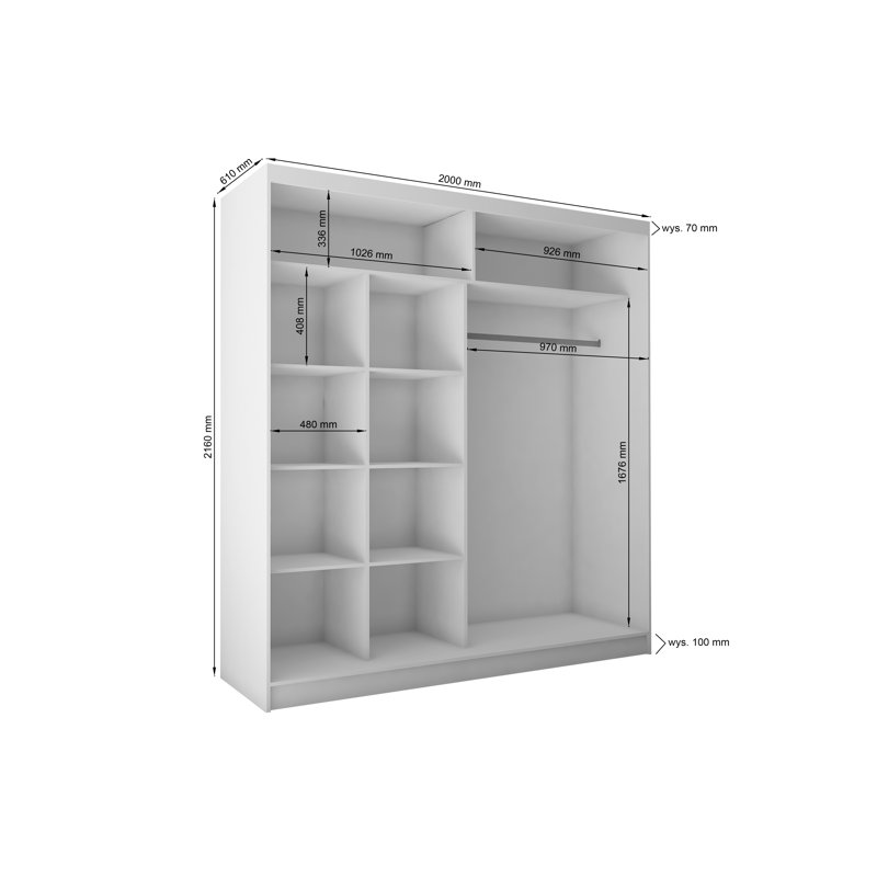 DEBA Wardrobe with Mirrored Sliding Doors, White