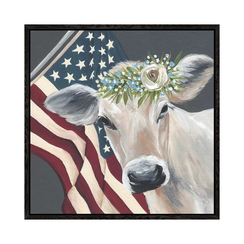 Patriotic Cow by Michele Norman - Painting on Canvas, 66.04 cm H x 66.04 cm W, Black Framed