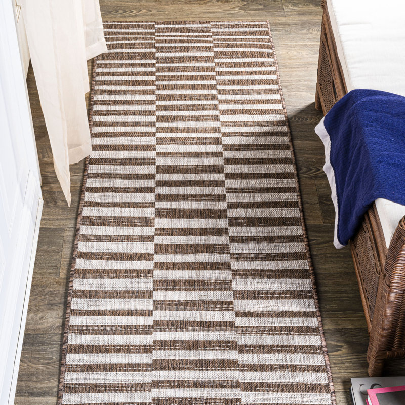 Aghamjot Modern Offset Stripe Brown/Beige Indoor/Outdoor Rug, Runner 2'2" x 10'