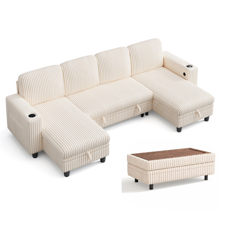 Sherry 106“  Upholstered Modular U-Shape Modular Sectional with Storage, Charging & Cup Holders, Effie Beige Corduroy