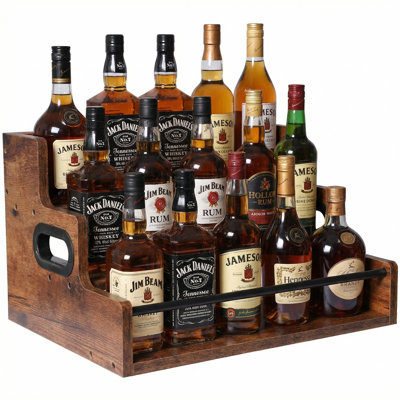 Organisateur de comptoir en bois rustique à 3 niveaux avec barre anti-chute, support à café polyvalent pour les épices, les spiritueux, les K-Cups et les essentiels de cuisine, l 16 po x P 12 po x H 9,25 po