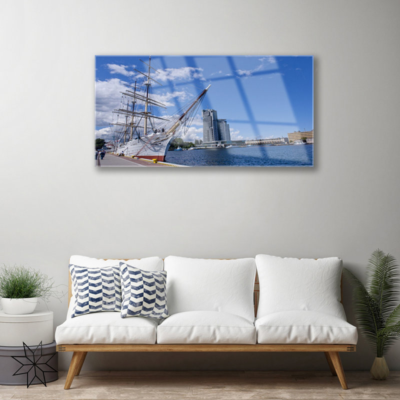 Landscape Boat Sea Town - No Frame Print on Glass