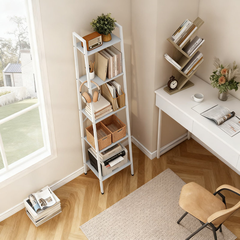 5-Tier Industrial Ladder Bookshelf With Metal Frame, Narrow Tall Standing Storage Shelf For Living Room, Home Office, Kitchen And Bedroom Organization