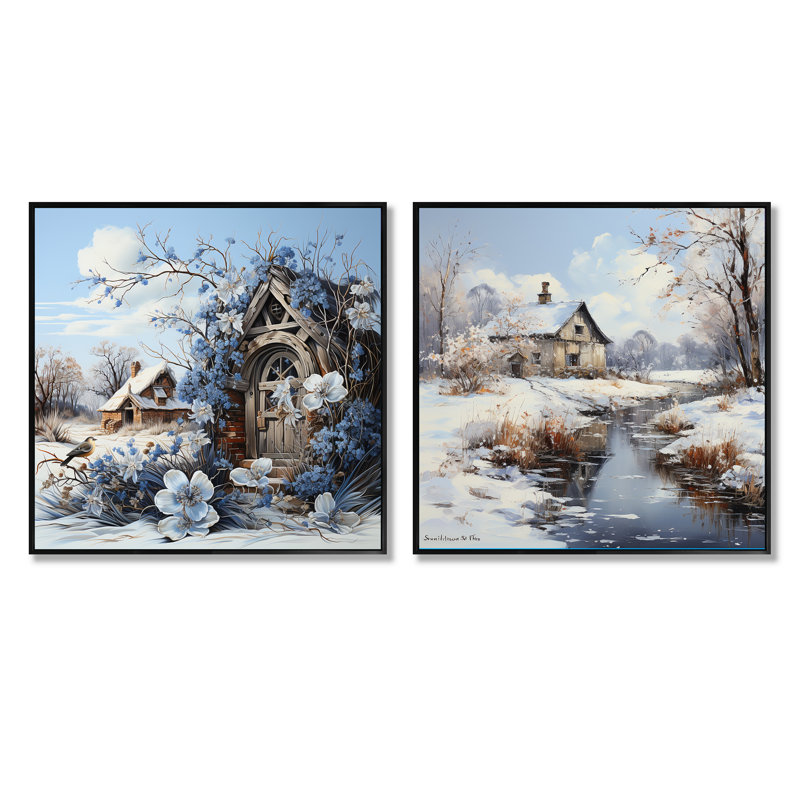" Cottage Charm In Winter " 2 - Pieces, Black Floater Framed, 16" H x 33" W