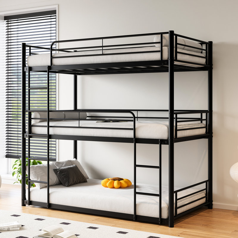Black Triple Twin Bunk Beds, Over Twin, Space - Saving, Easy Assembly, Guardrails, Two Ladders, Stable Structure, Modern Bed For Compact Bedrooms Bed, Black, Metal Frame, Saving Design, Features, And