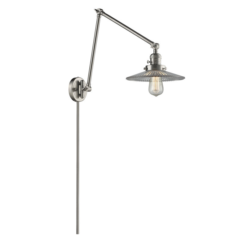 Katalina Swing Arm Sconce, Brushed Satin Nickel, Clear Halophane, 3.5 Watt Vintage LED Bulb