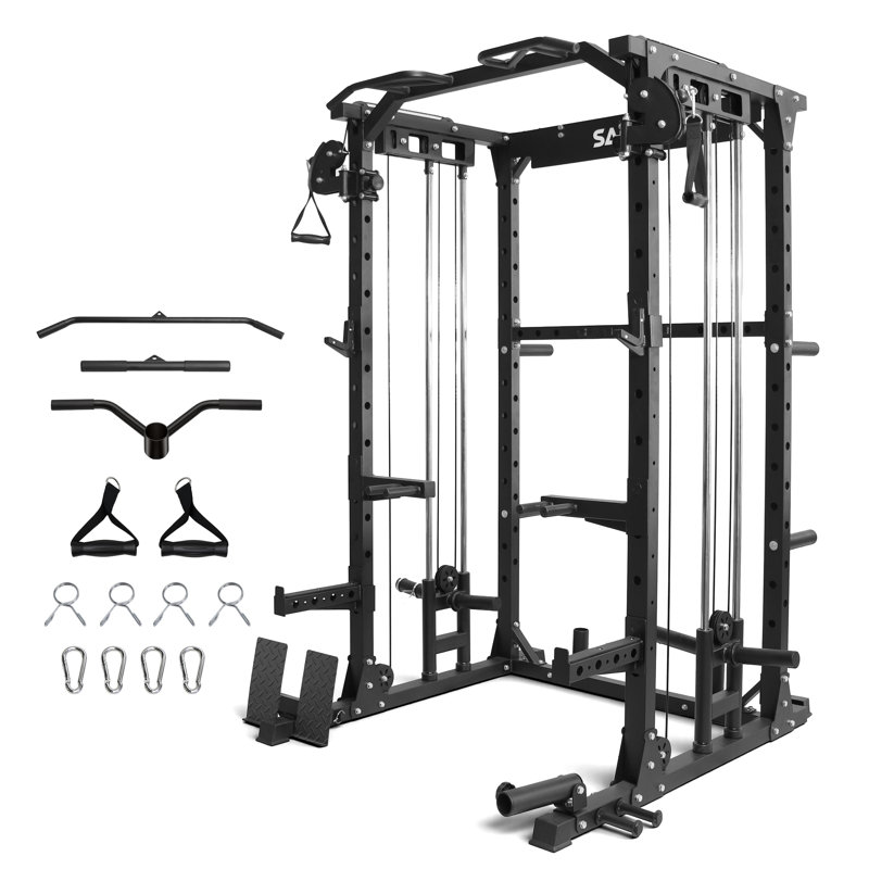 Support à squats multifonctionnel avec système de croisement de câbles réglable pour l'entraînement en force, cage électrique avec dérouleur LAT, barre de traction, barres de trempage et accessoires d'entraînement